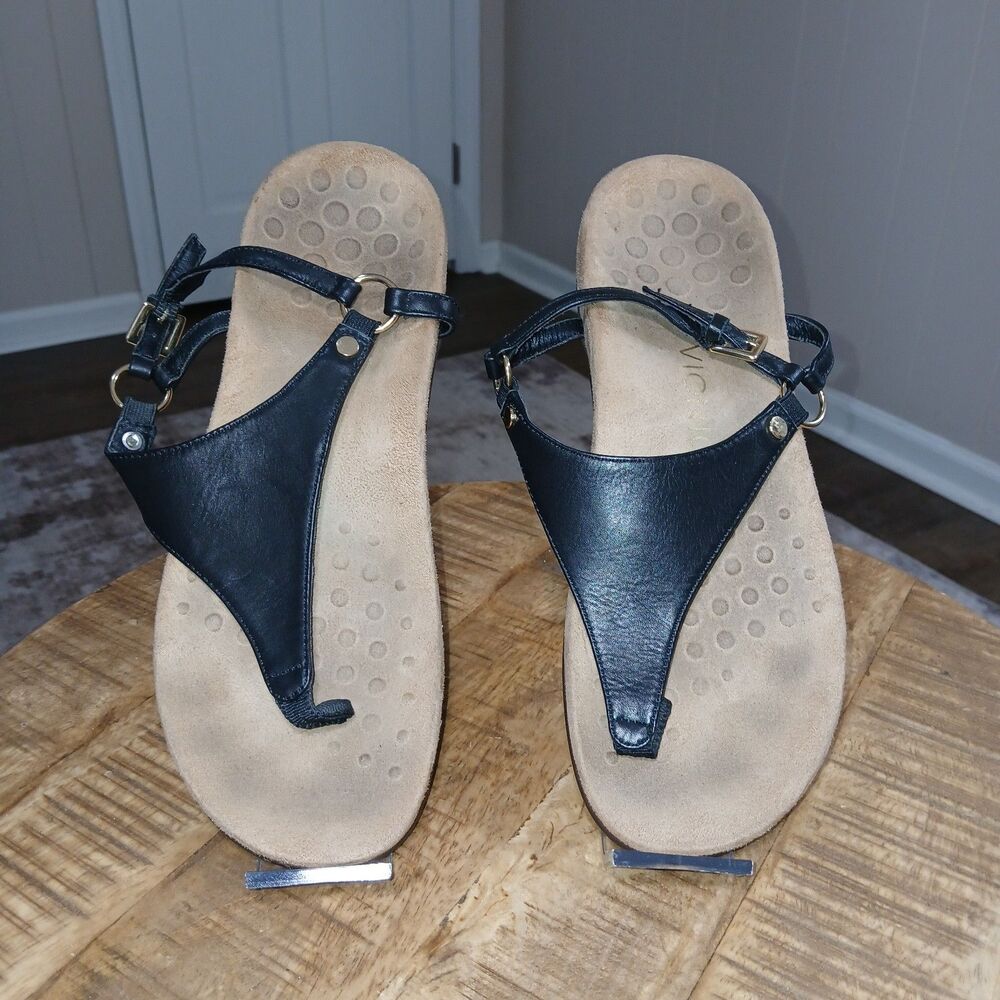 Vionic Rest Kirra Sandal Sz 8 Women T Strap Orthotic Leather Black TVW5126 Thong